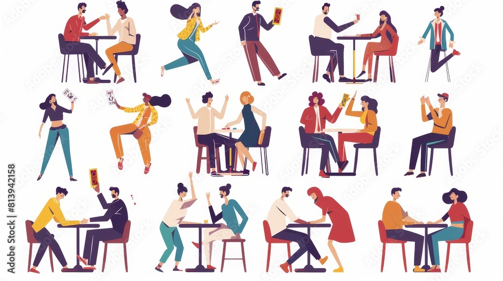 A white background with characters playing poker, roulette, slot machines in a casino, betting online, winning money in the lottery game. This is a flat modern illustration of people gambling. A white background with characters playing poker, roulette, slot machines in a casino, betting online, winning money in the lottery game. This is a flat modern illustration of people gambling.