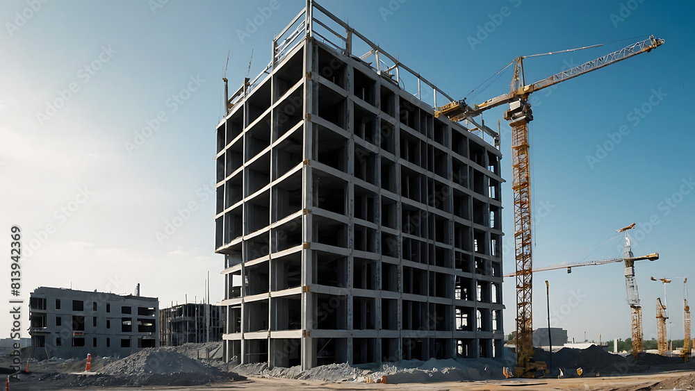 construction site for a large building in city with blue sky background