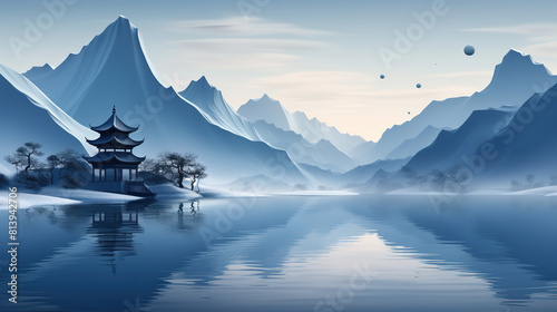 A Traditional Chinese Architecture Front of Snow Mountains and Lake Water Oil Painting Landscape Background
