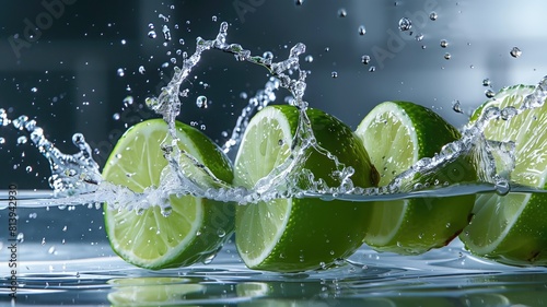 Fresh lime slices splashing in clear water  capturing dynamic movement.