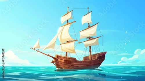 Travel game scene with an old wooden ship sailing in the sea. Modern cartoon illustration of a voyage boat with a mast tower, white sails, and an anchor rippling on calm water. © Mark