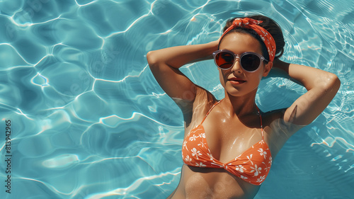 Woman in bikini relaxing in swimming pool