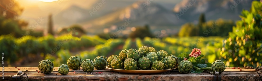 Fototapeta premium The golden basin is filled with fresh artichokes, the golden plate is placed on the wooden table, the background is a vegetable orchard, distant mountains, aristocratic cuisine, natural fresh vegetabl