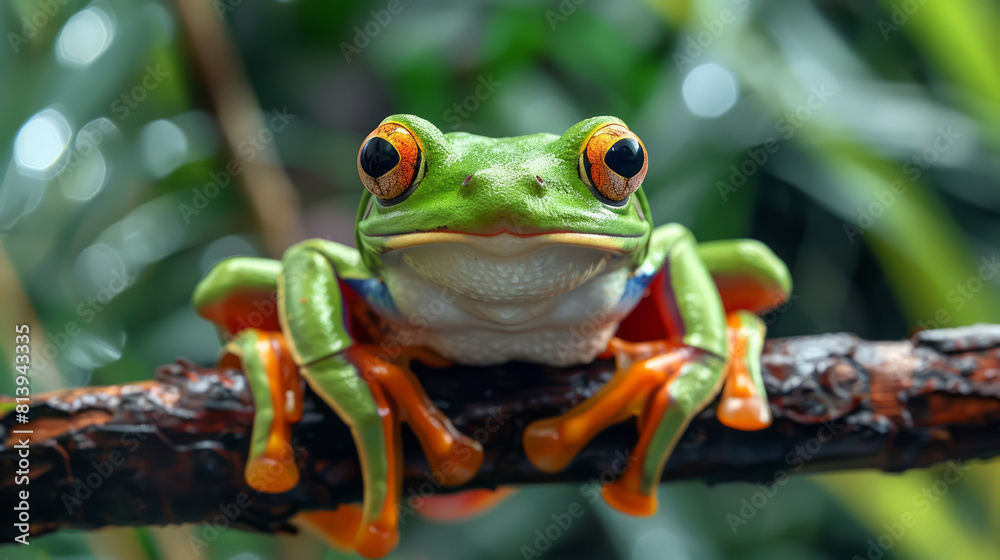 Naklejka premium A green frog with orange eyes is sitting on a branch