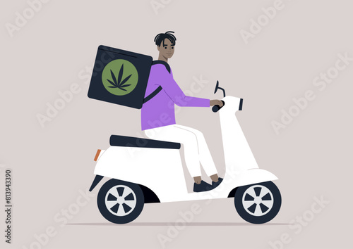 Swift Delivery of Herbal Remedies,  A character rides a scooter, delivering natural cannabis effortlessly through the city