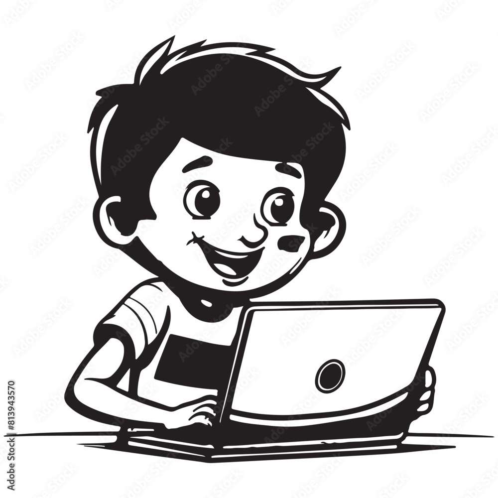 Boy using laptop illustration, black vector design for kids coloring book isolated on white background Boy using laptop illustration, black vector design for kids coloring book isolated on white background