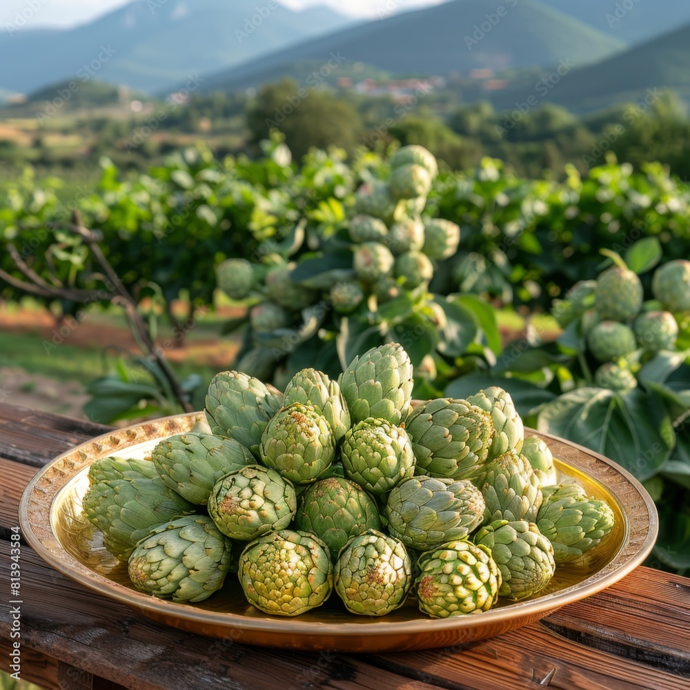 Fototapeta premium The golden basin is filled with fresh artichokes, the golden plate is placed on the wooden table, the background is a vegetable orchard, distant mountains, aristocratic cuisine, natural fresh vegetabl