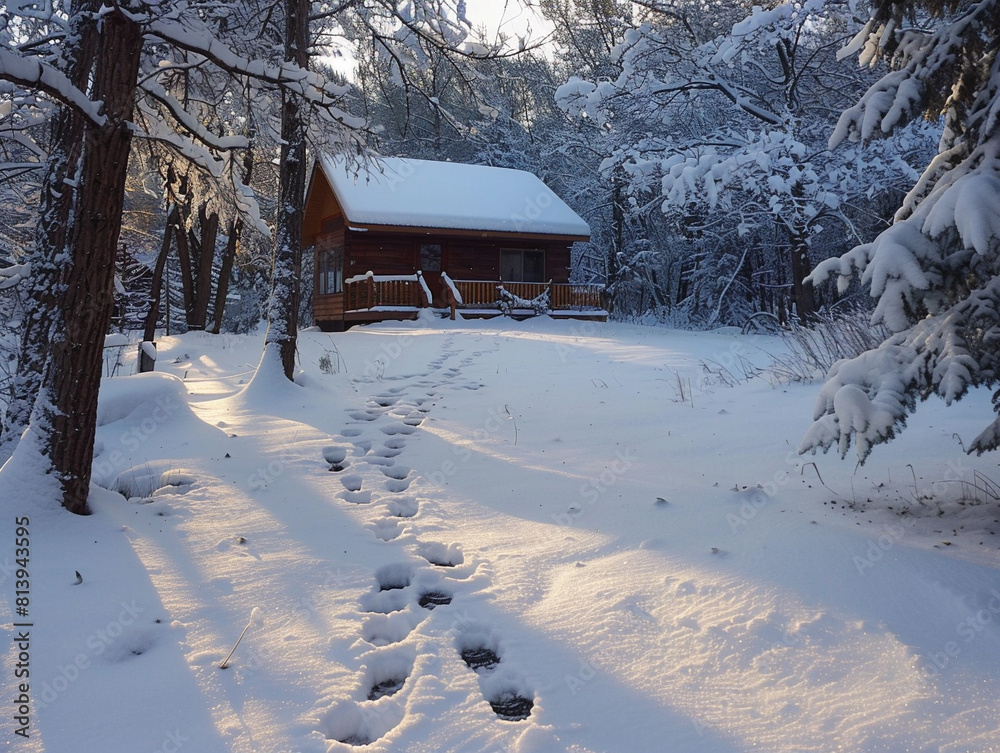 Fresh snow covers ground with footprints leading to cozy cabin, Version 6, Style 00516 03 RL. Fresh snow covers ground with footprints leading to cozy cabin, Version 6, Style 00516 03 RL.