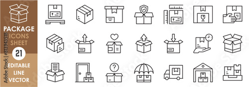 A set of linear icons related to package. Outline icons with parcel, box, delivery and so on.