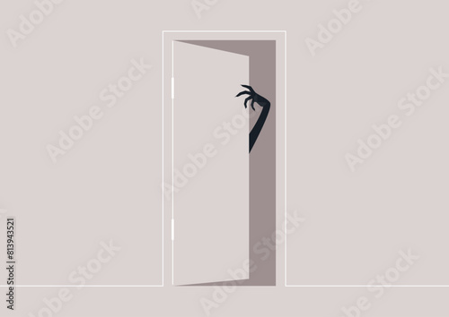 A spooky monster hand trying to enter the room, unsafe environment