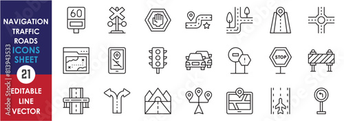 A set of linear icons related to roads and traffic. Navigation and traffic related outline icons set. Barrier, location, signals, roads and so on. photo