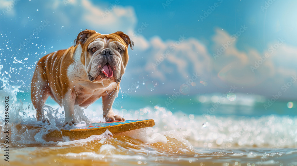 Bulldog riding surfboard in ocean
