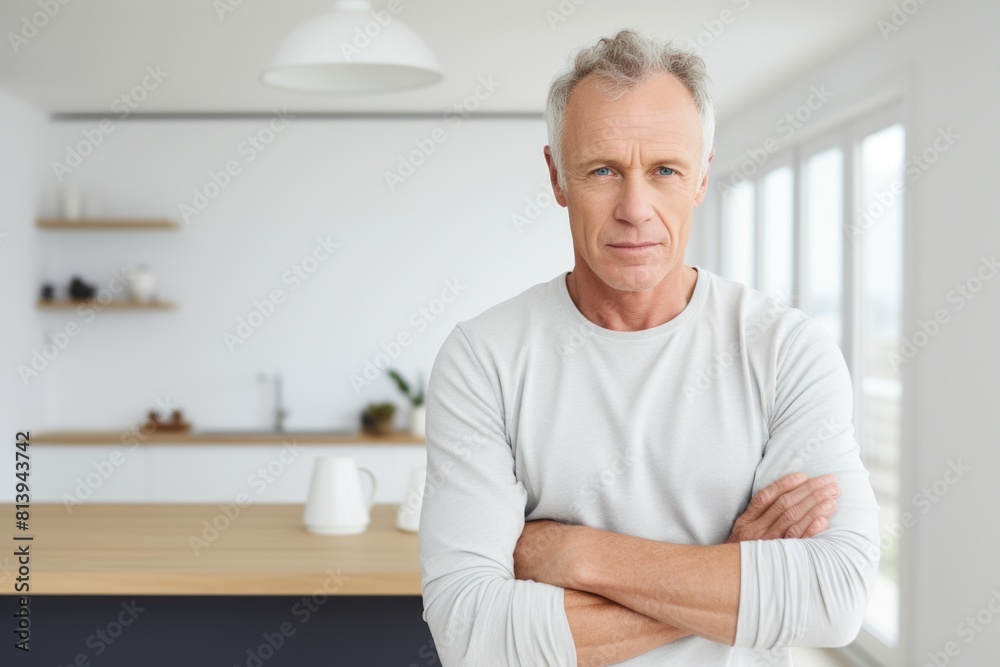 Portrait of a tender man in his 50s with arms crossed isolated on modern minimalist interior Portrait of a tender man in his 50s with arms crossed isolated on modern minimalist interior