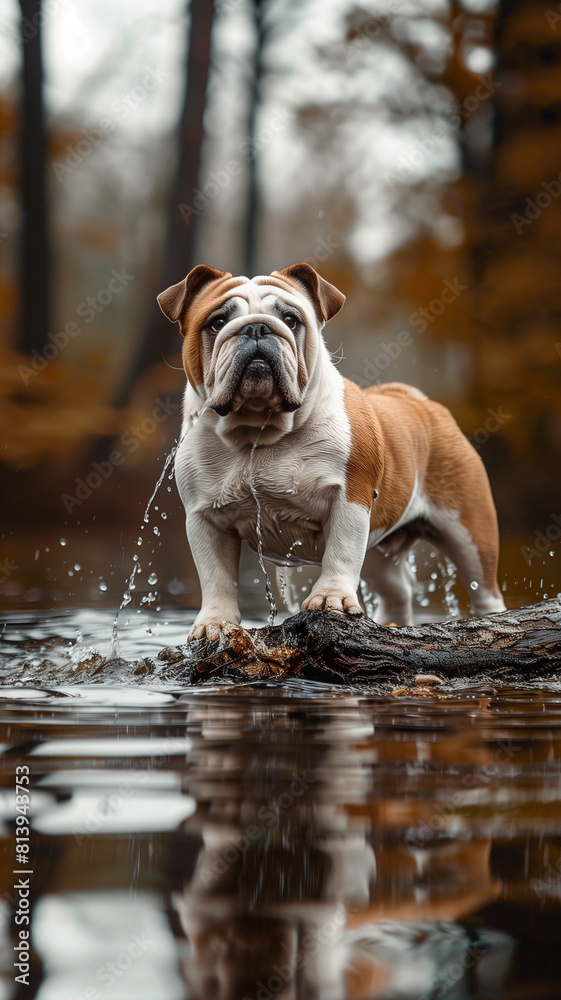 English bulldog standing in water