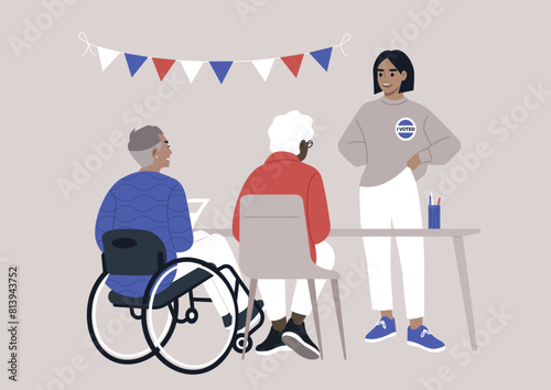 Engaged Youth Facilitating Democracy at Local Voting Station, A young adult assists an elderly voter at a registration desk, embodying civic participation