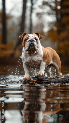 English bulldog standing in water