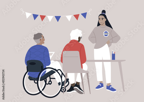 Engaged Youth Facilitating Democracy at Local Voting Station, A young adult assists an elderly voter at a registration desk, embodying civic participation