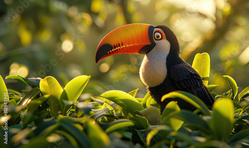 A colorful toucan sits on a branch, surrounded by tropical plants. Generate Ai © VinaAmeliaGRPHIC