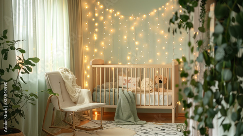 Babys room decorated with fairy lights and crib