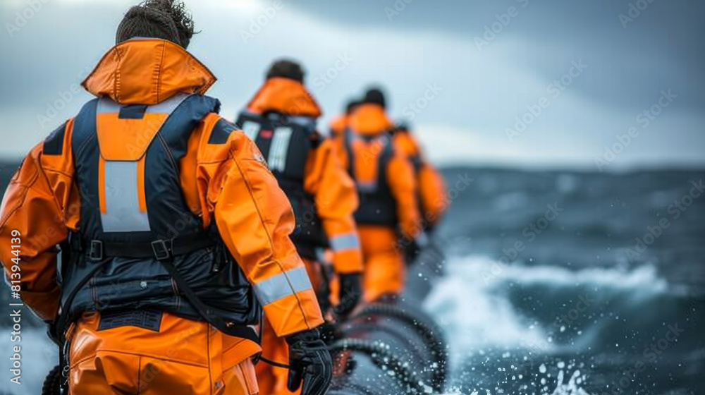 A group of people in orange life jackets are riding a boat in the ocean A group of people in orange life jackets are riding a boat in the ocean