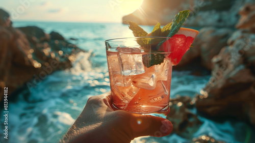 Person holding glass of watermelon cocktail by ocean