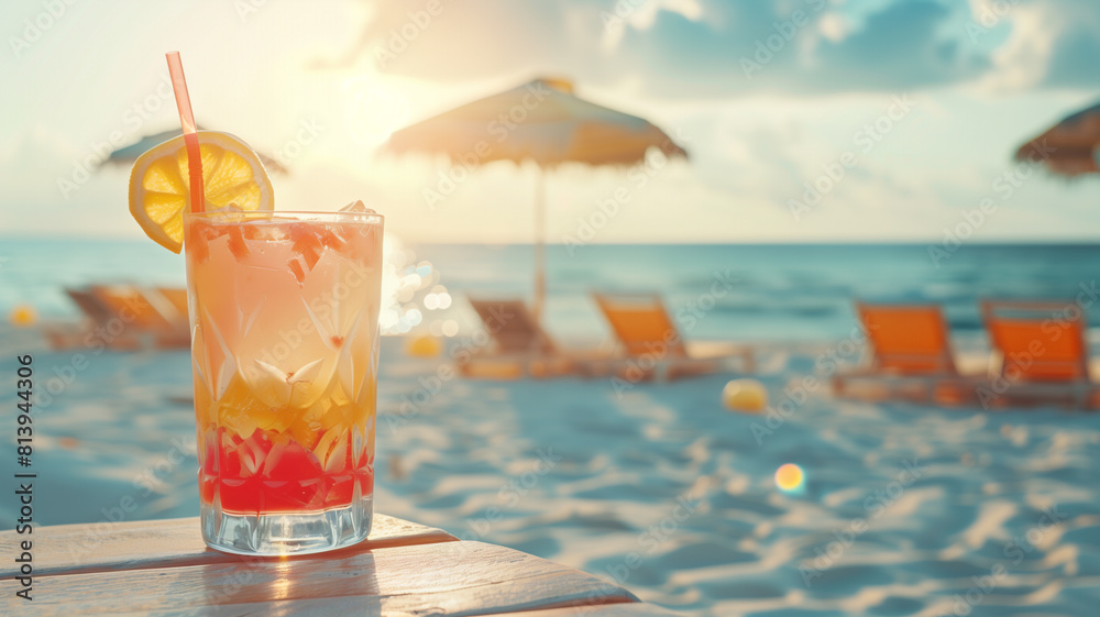 Cocktail rests on table on beach Cocktail rests on table on beach