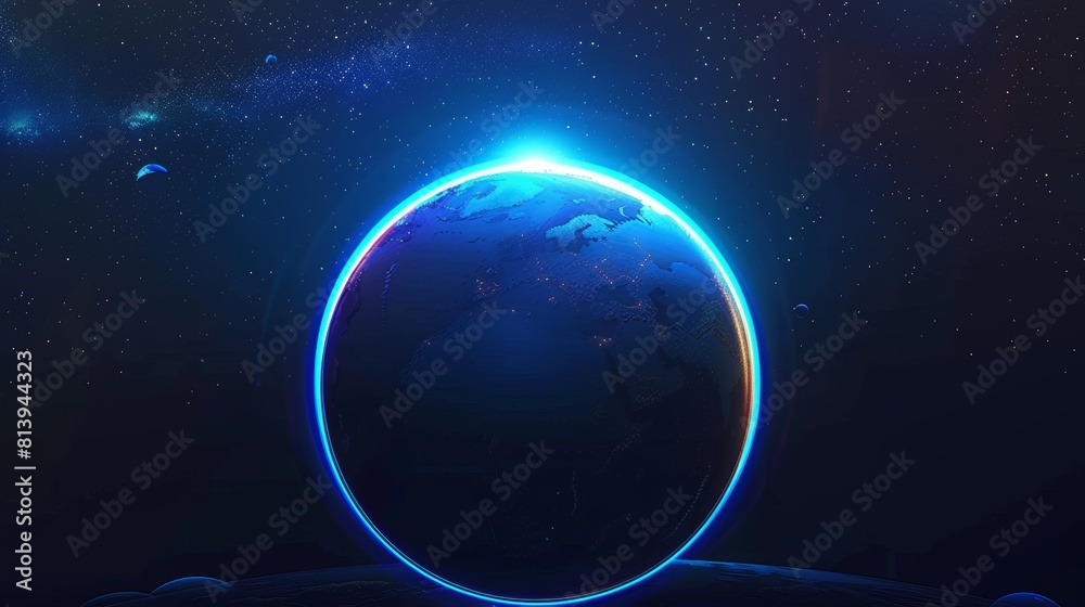Sphere with Earth globe on edge with glow of atmosphere on horizon from rising sun on black background with stars. Modern image with outer space and Earth globe on edge. Sphere with Earth globe on edge with glow of atmosphere on horizon from rising sun on black background with stars. Modern image with outer space and Earth globe on edge.