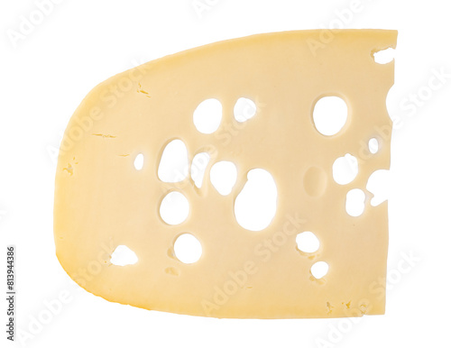 maasdam cheese slice with holes closeup, swiss cheese isolated, top view