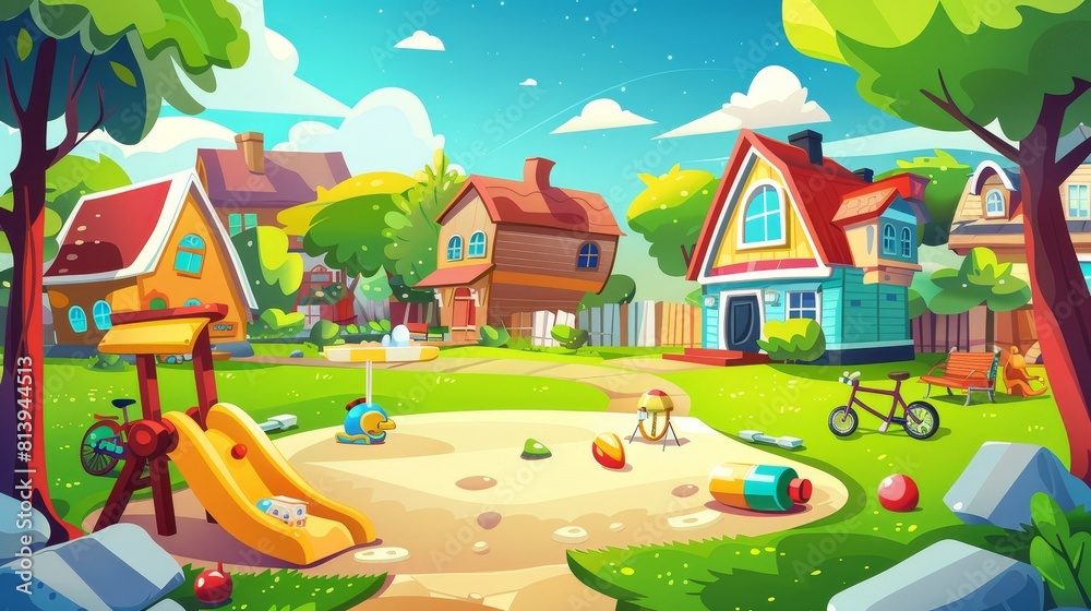 Kids playing in a park in a village or suburb. Landscape of a summer park, a backyard or a garden with sandbox, toys, bicycles, green lawn, suburban houses and cottages on a black background. Modern Kids playing in a park in a village or suburb. Landscape of a summer park, a backyard or a garden with sandbox, toys, bicycles, green lawn, suburban houses and cottages on a black background. Modern