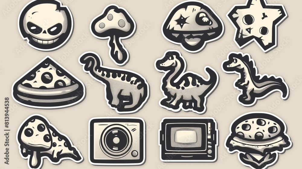 Set of monochrome retro stickers isolated on beige background. Abstract icons with psychodelic emoji, mushroom, dinosaur, pizza, burger, casette tape, TV characters. Set of monochrome retro stickers isolated on beige background. Abstract icons with psychodelic emoji, mushroom, dinosaur, pizza, burger, casette tape, TV characters.