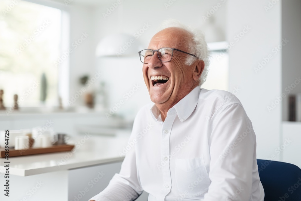 Portrait of a smiling man in his 70s laughing over modern minimalist interior Portrait of a smiling man in his 70s laughing over modern minimalist interior