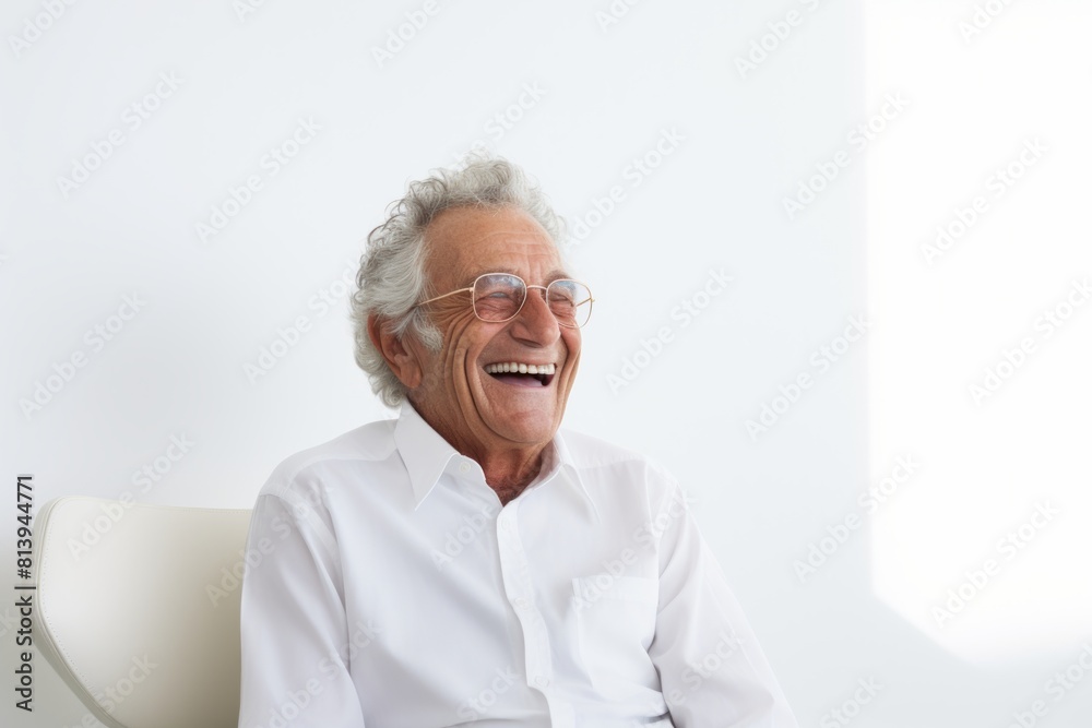 Portrait of a smiling man in his 70s laughing isolated on modern minimalist interior