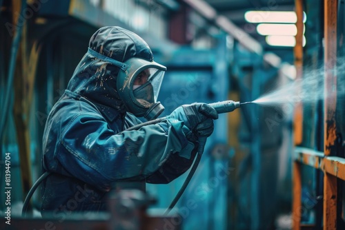 A man wearing a gas mask spraying with a hose. Suitable for industrial or environmental themes