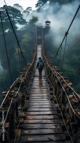A Suspension Bridge in Rainforest Landscape on Blurry Background © Image Lounge