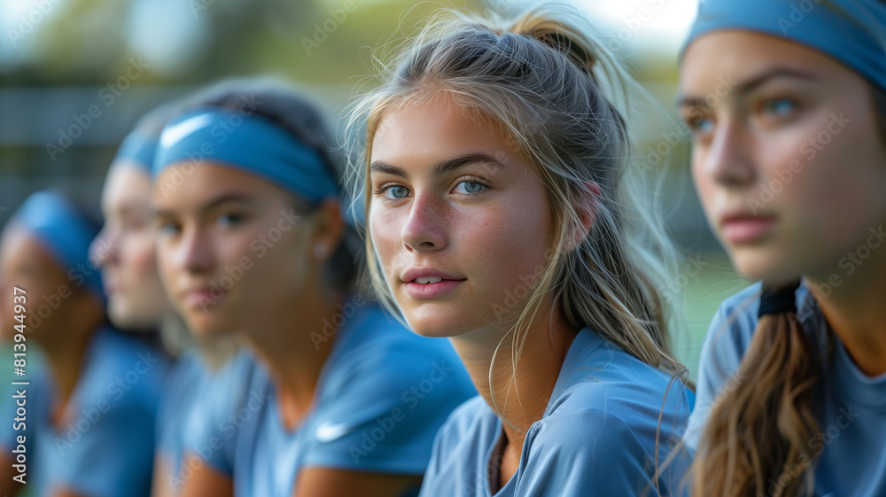 Fototapeta premium Group of girls sitting on a soccer field