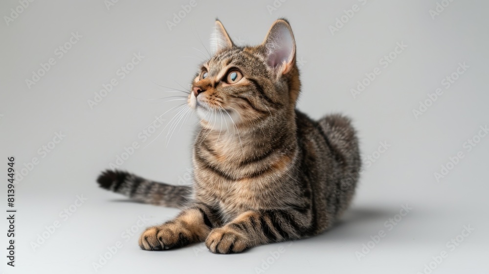 Studio portrait of a focused tabby cat sitting and looking upwards.