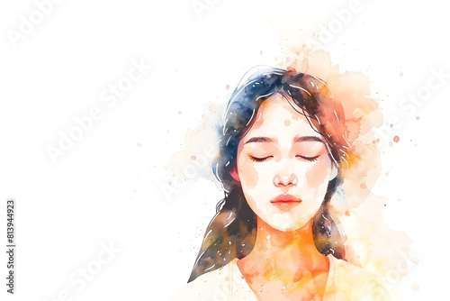 Filipino Philippines Woman, Minimalistic watercolor, on a white background, cute and comical with empty copy space.