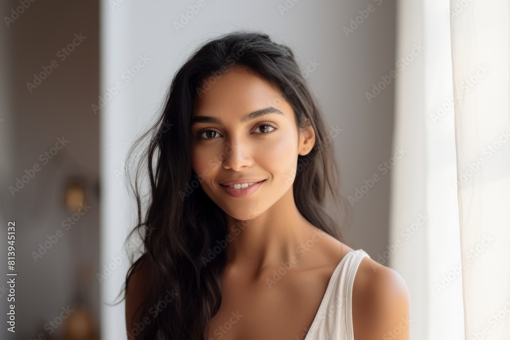 Portrait of a tender indian woman in her 20s smiling at the camera isolated in modern minimalist interior Portrait of a tender indian woman in her 20s smiling at the camera isolated in modern minimalist interior