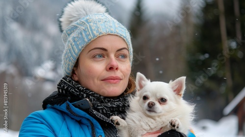 A woman with snowflakes in her hair is holding a small white dog in her arms outdoors during winter.