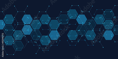 Blue hexagon pattern. Medical technology design. Neon dots connected by lines. © sanchesnet1