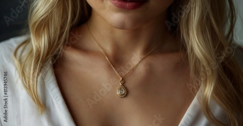  Woman pendant mockup closeup blonde model portrait. Fashion beauty subtle chain necklace for pendant jewelry mockup