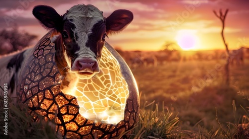 Surrealism in Photography A Baby Cow Hatches from a Glowing Mosaic Egg Symbolizing New Beginnings Generative ai photo