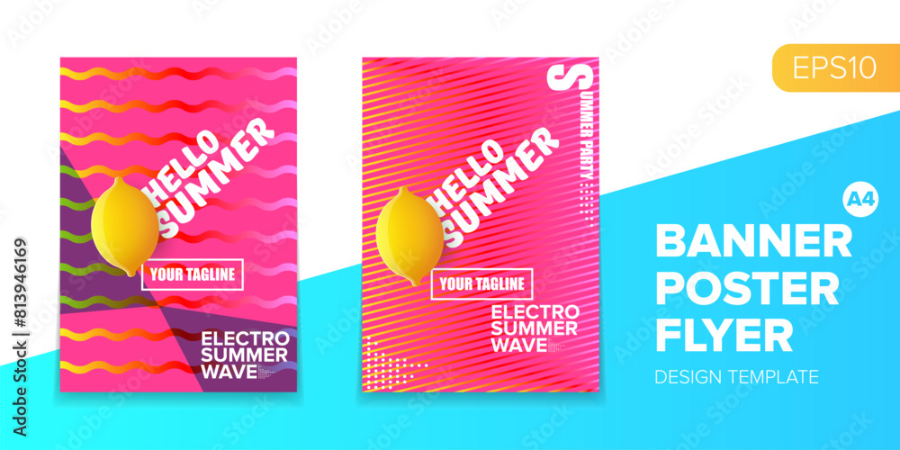 Vector electronic music summer party poster background Pink club party flyer or creative banner with abstract waves and fresh lemon. Hello summer party design template