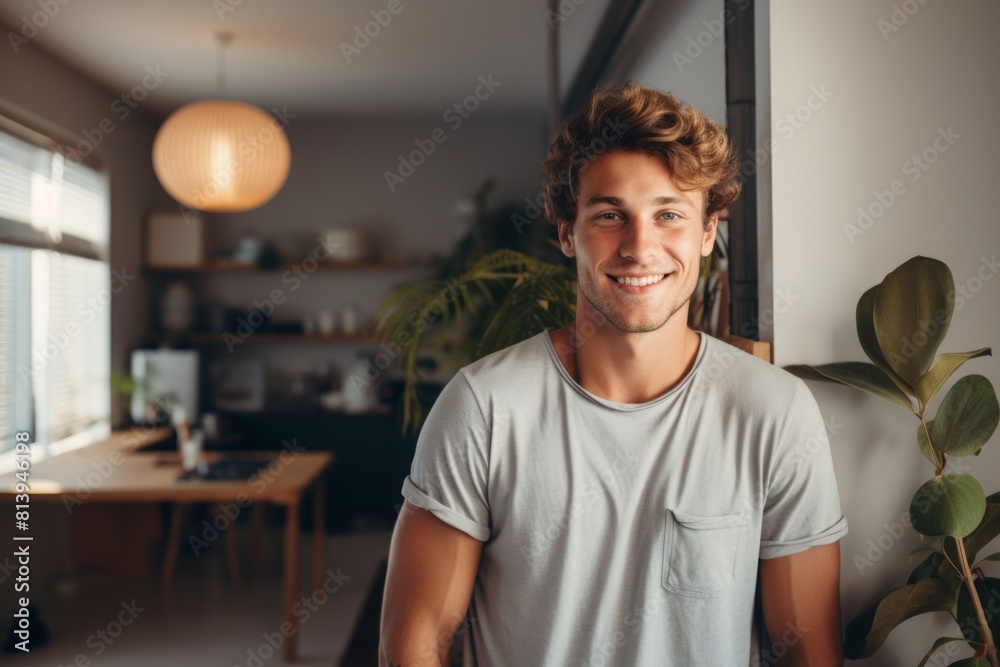 Portrait of a joyful man in his 20s smiling at the camera on modern minimalist interior Portrait of a joyful man in his 20s smiling at the camera on modern minimalist interior
