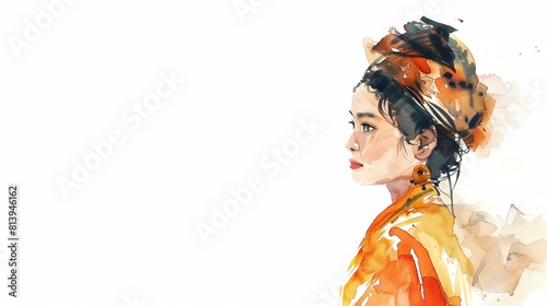 Javanese Indonesia Woman, Minimalistic watercolor, on a white background, cute and comical with empty copy space.