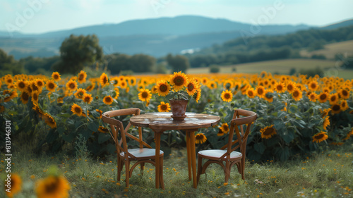 Table and chairs set in sunflower field
