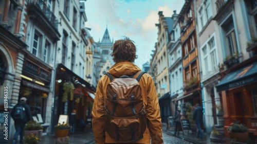 Wallpaper Mural A tour guide with a backpack explores an old city street lined with buildings and shops, under a cloudy sky. Torontodigital.ca