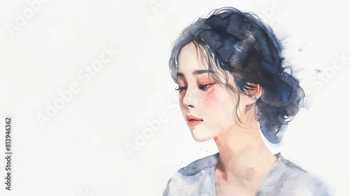 Korean Korea Woman, Minimalistic watercolor, on a white background, cute and comical with empty copy space.