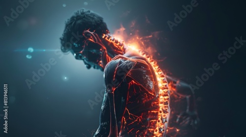 The following is a VFX Back Pain Virtual Reality presentation render developed using a digitally generated person experiencing discomfort as a result of a spinal injury or arthritis. A schematic photo