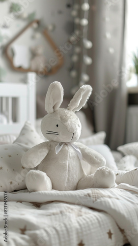 White bunny stuffed animal on bed